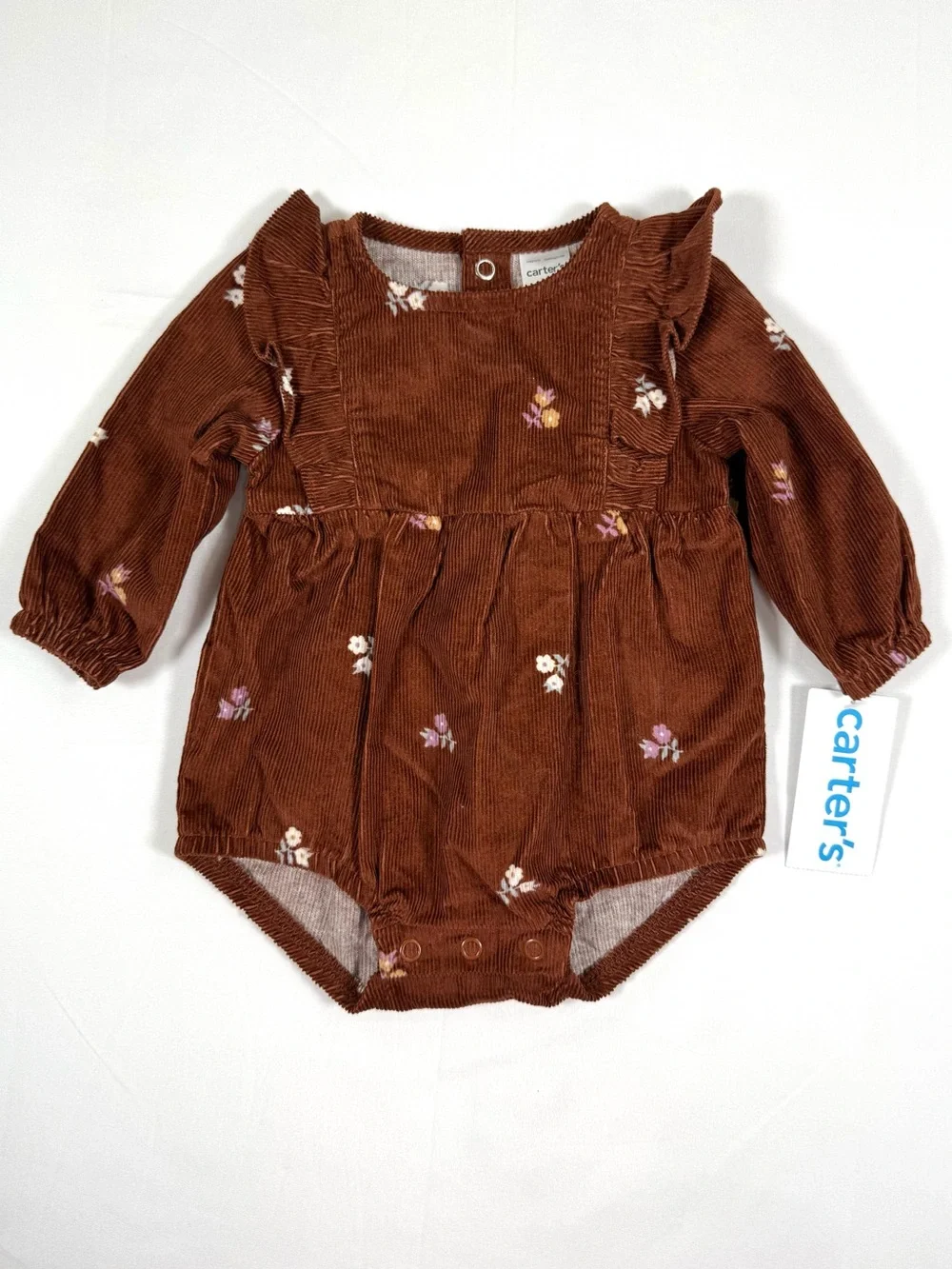 NWT CARTER’S Girls Corduroy Floral Bubble Romper 3M Brown Ruffle Cottagecore NEW